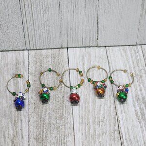 Vtg Holiday Christmas Multi Color Snowmen Wine Glass or Beer Bottle Charms Set 5